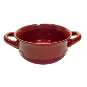 Over & Back Maroon Stoneware Pottery Soup Crock Bowl W/Handles EUC